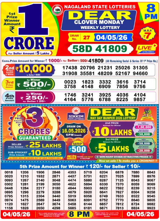 Nagaland Dear Night Result 4 May 2026 — 8 PM (20:00)