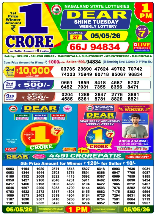 Nagaland State Lottery 1 PM result 05 May 2026