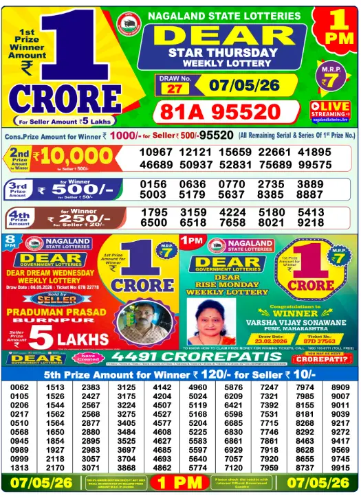 Dear Star Thursday Weekly Lottery Result 07 May 2026 — 1 PM