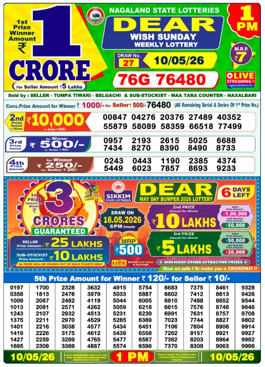 Nagaland State Lottery 1 PM result 10 May 2026