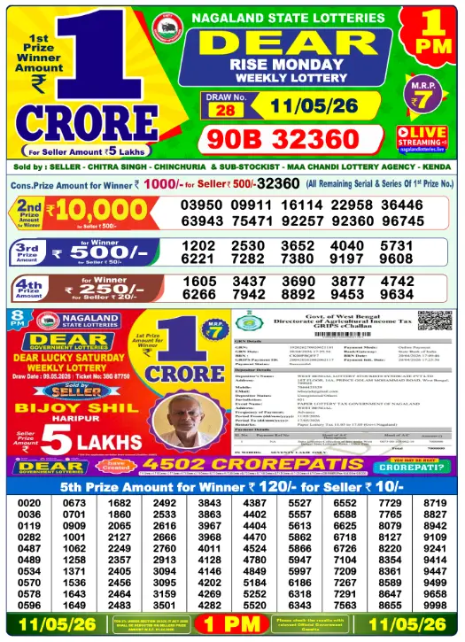 Nagaland State Lottery 1 PM result 11 May 2026