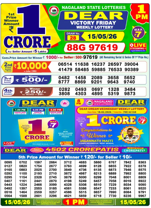 Nagaland State Lottery 1 PM result 15 May 2026