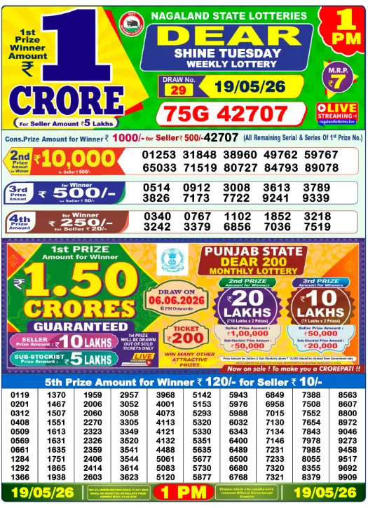 Nagaland State Lottery 1 PM result 19 May 2026