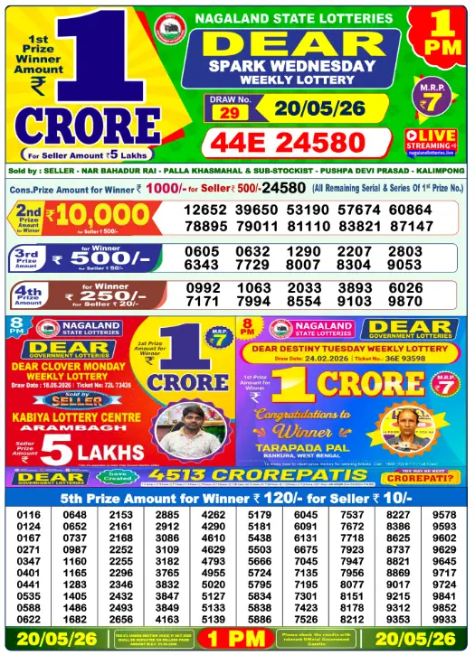 Nagaland State Lottery 1 PM result 20 May 2026