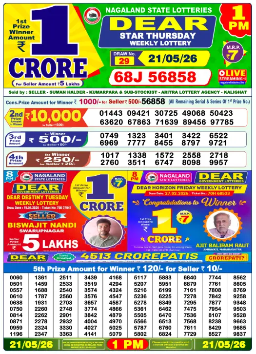 Nagaland State Lottery 1 PM result 21 May 2026