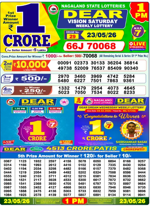 Nagaland State Lottery 1 PM result 23 May 2026
