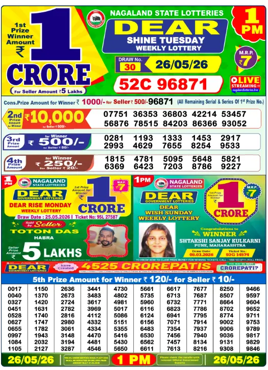 Nagaland State Lottery 1 PM result 26 May 2026