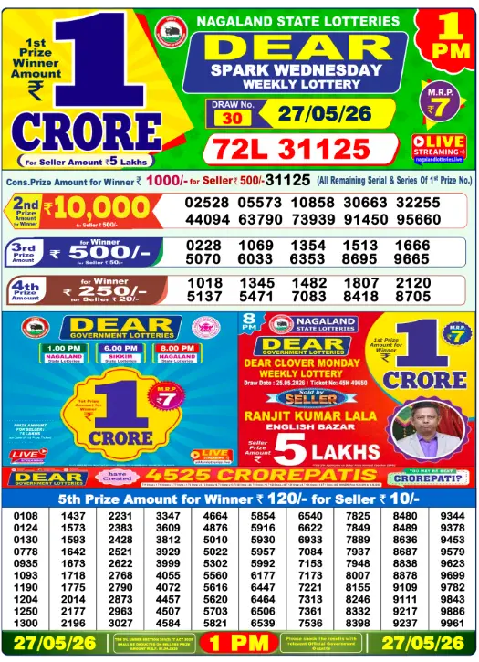 Nagaland State Lottery 1 PM result 27 May 2026