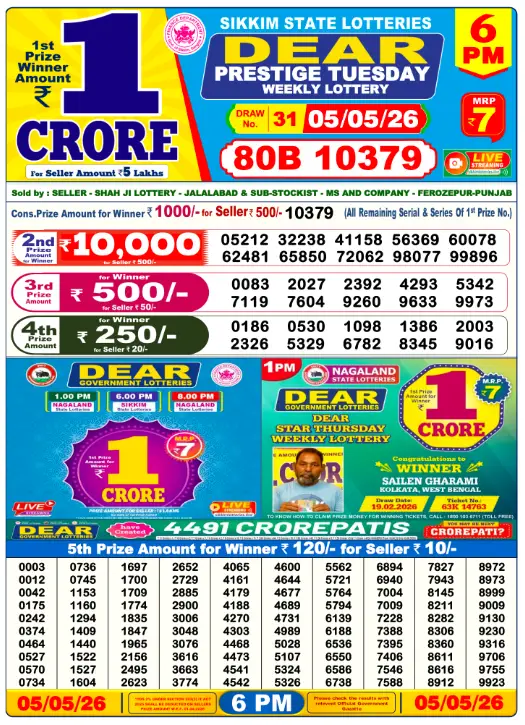 Dear Prestige Tuesday Weekly Lottery Result 05 May 2026 — 6 PM