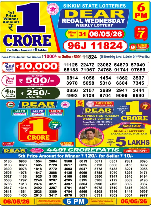 Dear Regal Wednesday Weekly Lottery Result 06 May 2026 — 6 PM