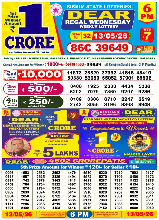 Sikkim State Lottery 6 PM result 13 May 2026