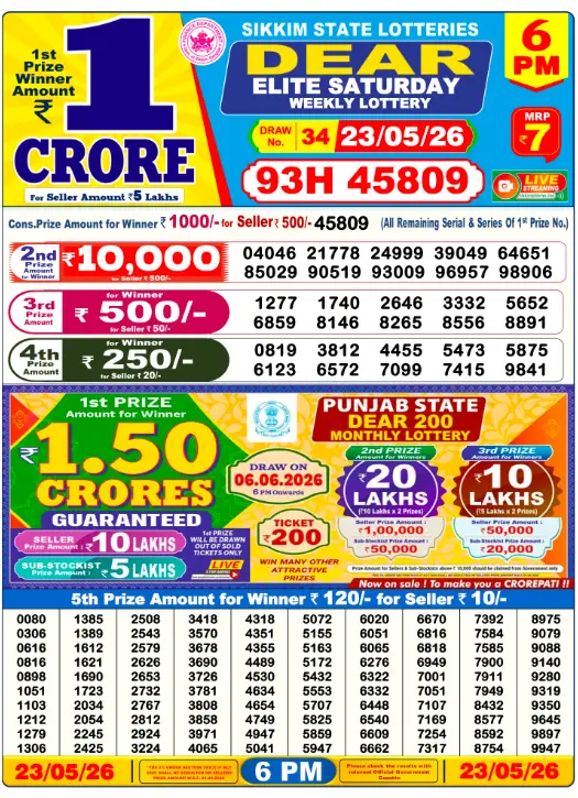 Sikkim State Lottery 6 PM result 23 May 2026