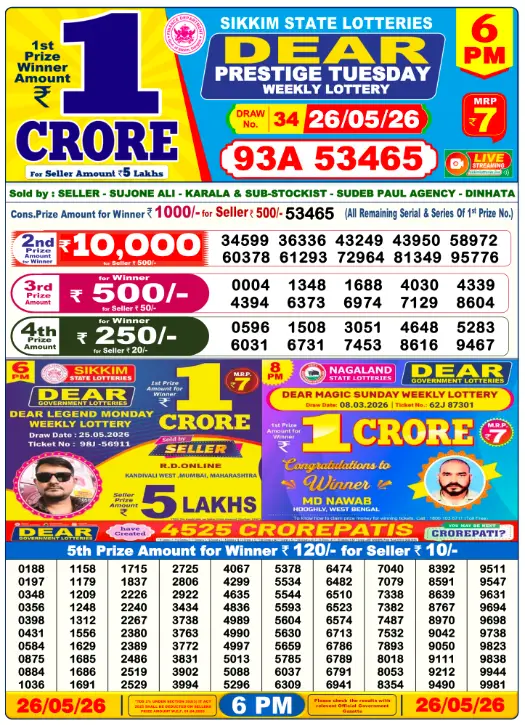 Sikkim State Lottery 6 PM result 26 May 2026