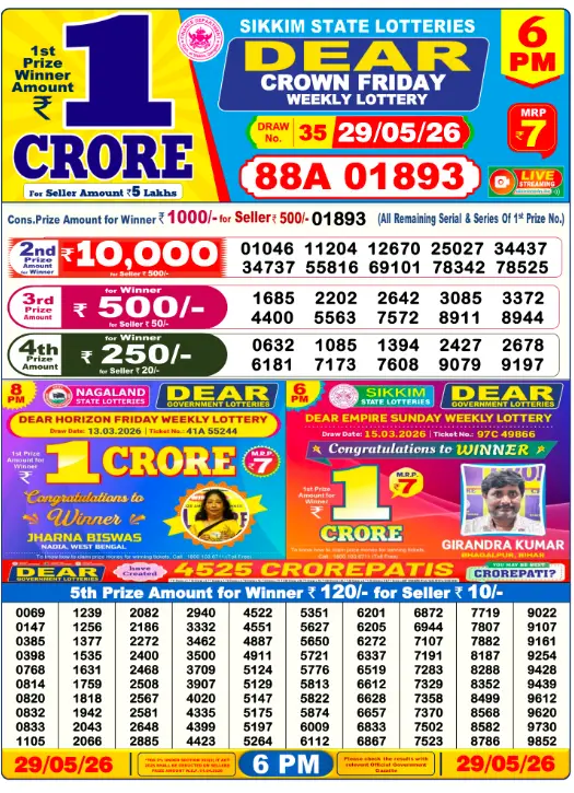 Sikkim State Lottery 6 PM result 29 May 2026