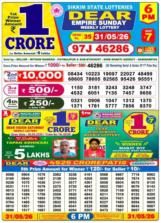 Sikkim State Lottery 6 PM result 31 May 2026