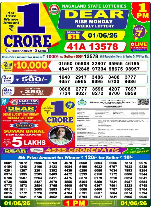 Nagaland State Lottery 1 PM result 01 Jun 2026