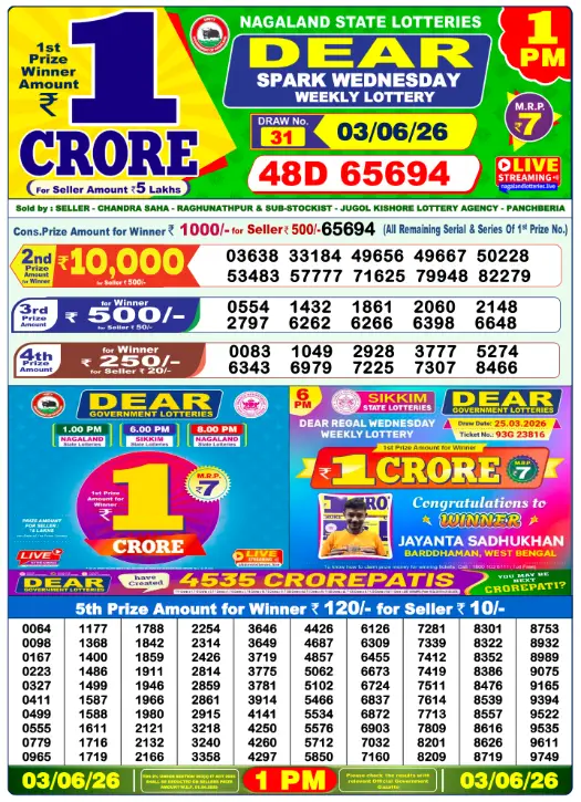 Nagaland State Lottery 1 PM result 03 Jun 2026