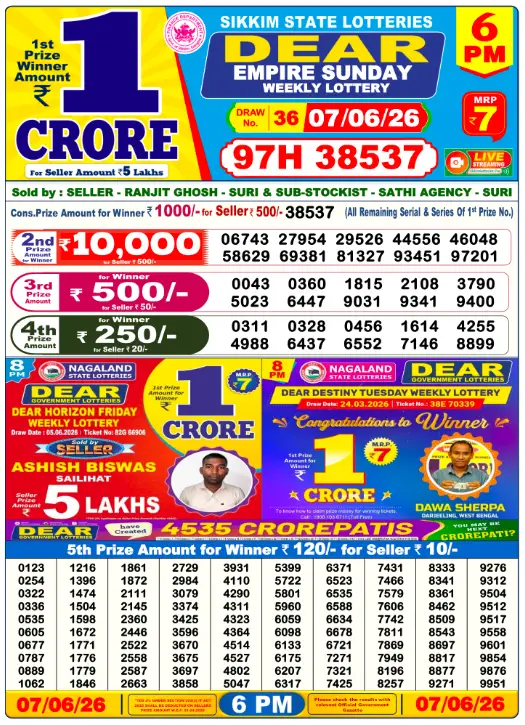 Dear Empire Sunday Weekly Lottery Result 07 Jun 2026 — 6 PM Result 6 PM
