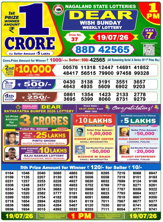 Nagaland State Lottery 1 PM result 19 Jul 2026