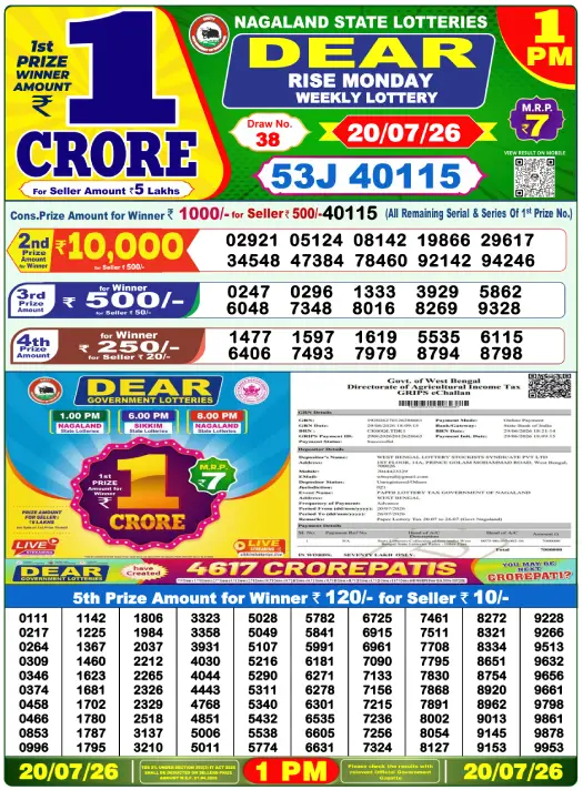 Nagaland State Lottery 1 PM result 20 Jul 2026
