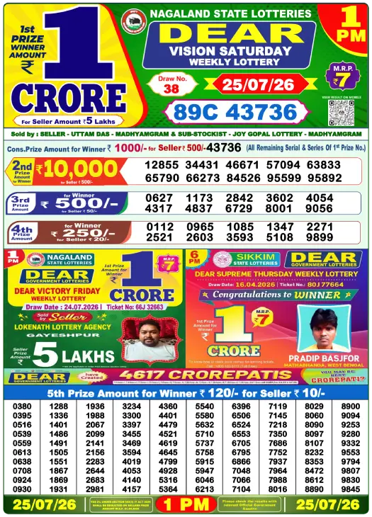 Nagaland State Lottery 1 PM result 25 Jul 2026