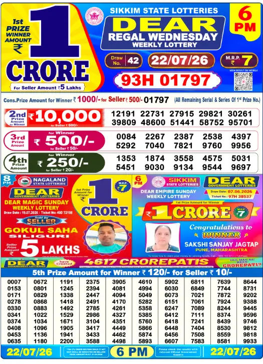 Dear Regal Wednesday Weekly Lottery Result 22 Jul 2026 — 6 PM Result 6 PM
