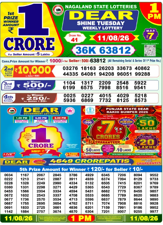 Nagaland State Lottery 1 PM result 11 Aug 2026