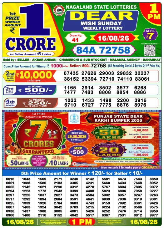 Nagaland State Lottery 1 PM result 16 Aug 2026