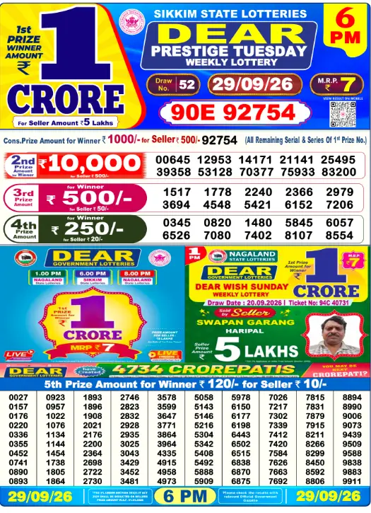 Sikkim State Lottery 6 PM result 29 Sep 2026