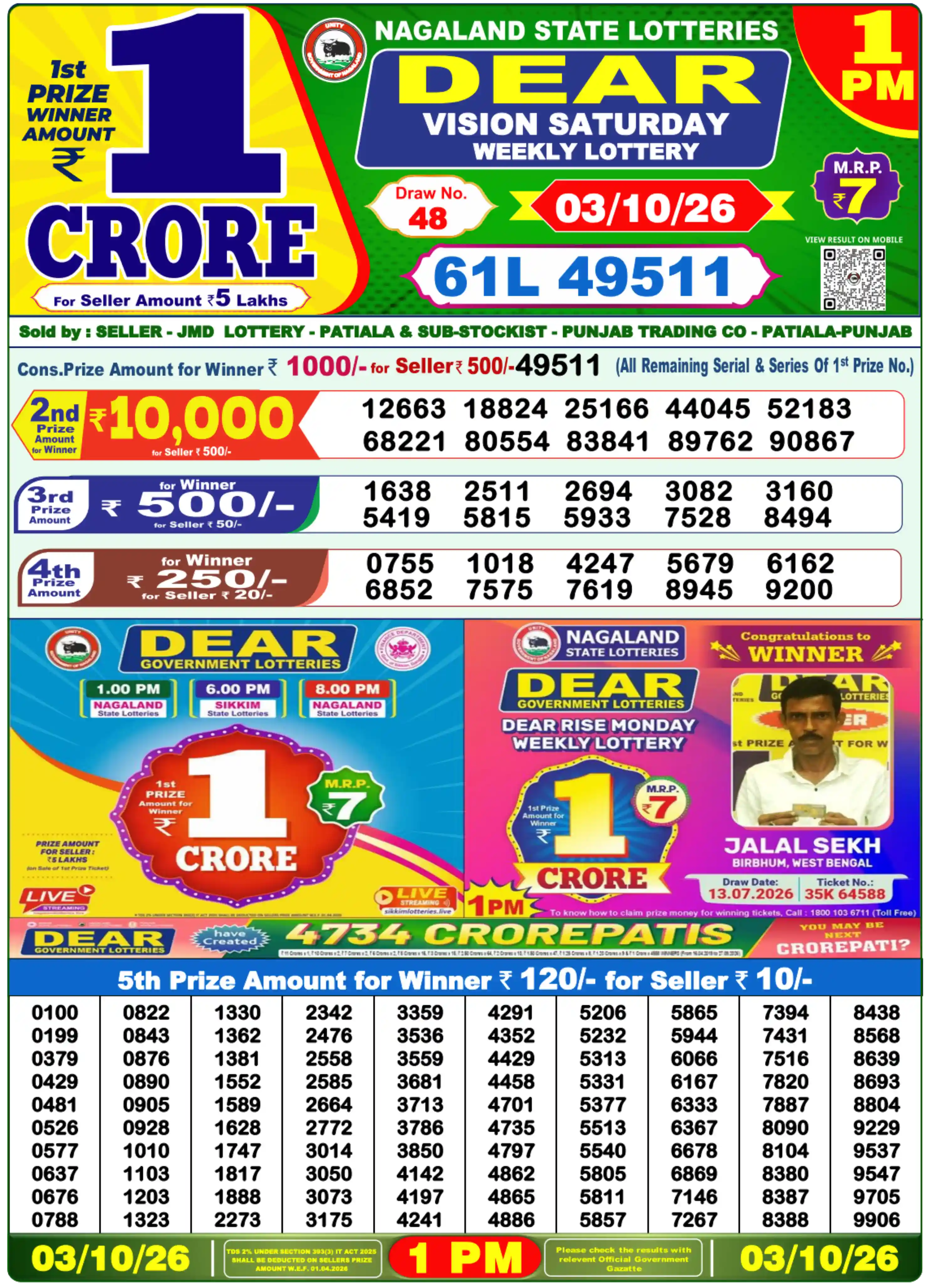 Nagaland State Lottery 1 PM result 03 Oct 2026