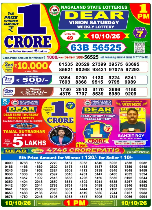 Nagaland State Lottery 1 PM result 10 Oct 2026