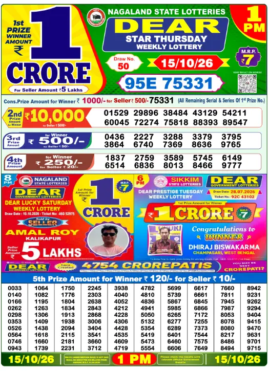 Nagaland State Lottery 1 PM result 15 Oct 2026