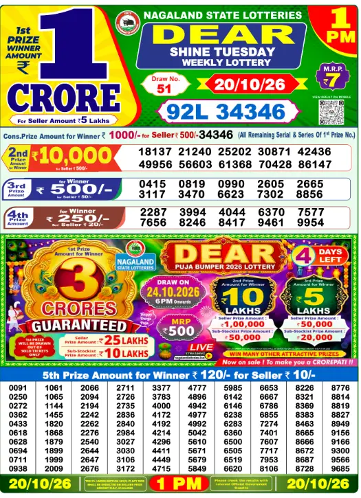 Nagaland State Lottery 1 PM result 20 Oct 2026