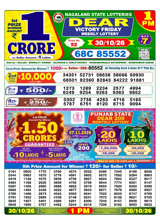 Nagaland State Lottery 1 PM result 30 Oct 2026
