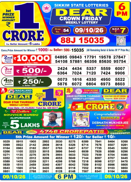 Sikkim State Lottery 6 PM result 09 Oct 2026