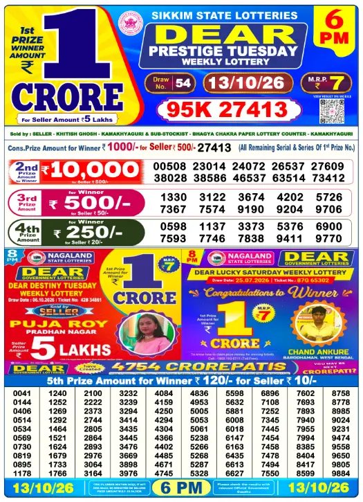 Sikkim State Lottery 6 PM result 13 Oct 2026