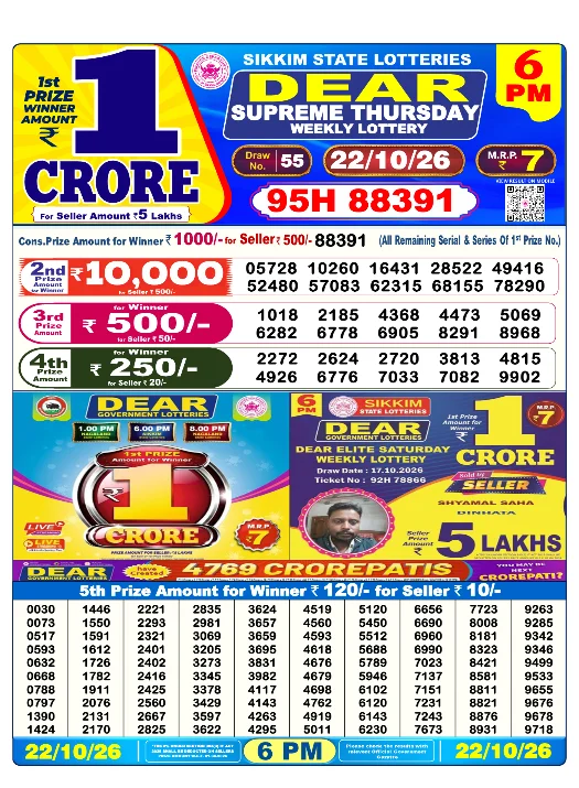 Sikkim State Lottery 6 PM result 22 Oct 2026
