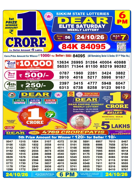 Sikkim State Lottery 6 PM result 24 Oct 2026