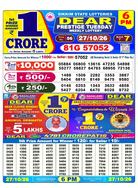 Sikkim State Lottery 6 PM result 27 Oct 2026